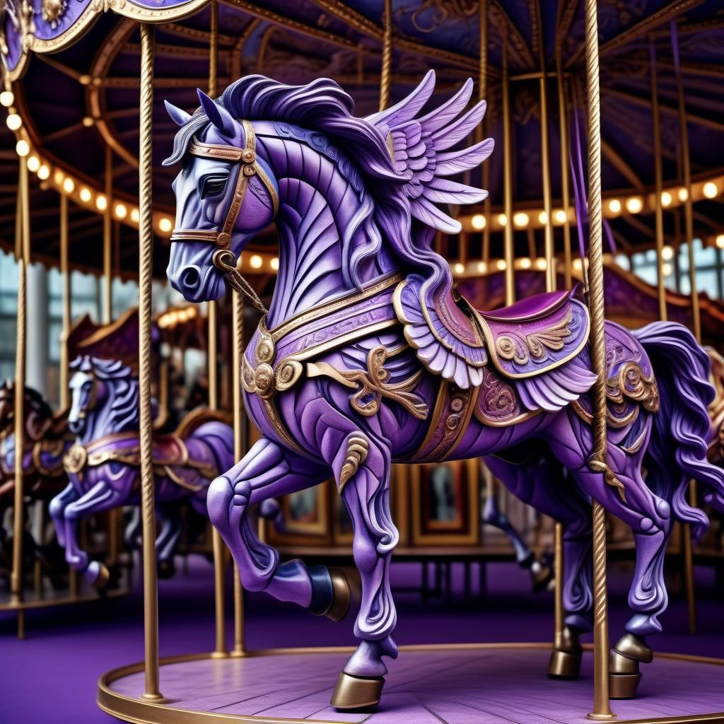 Hyperrealistic Carousel with Violet Fiber Winged Horse
