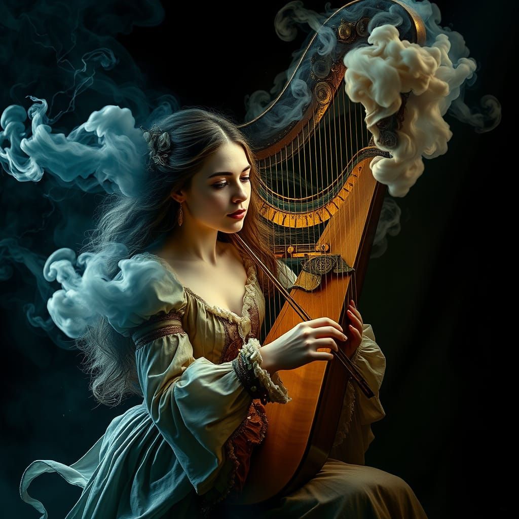 Woman Plays Harp Transforming into Smoke and Mechanics