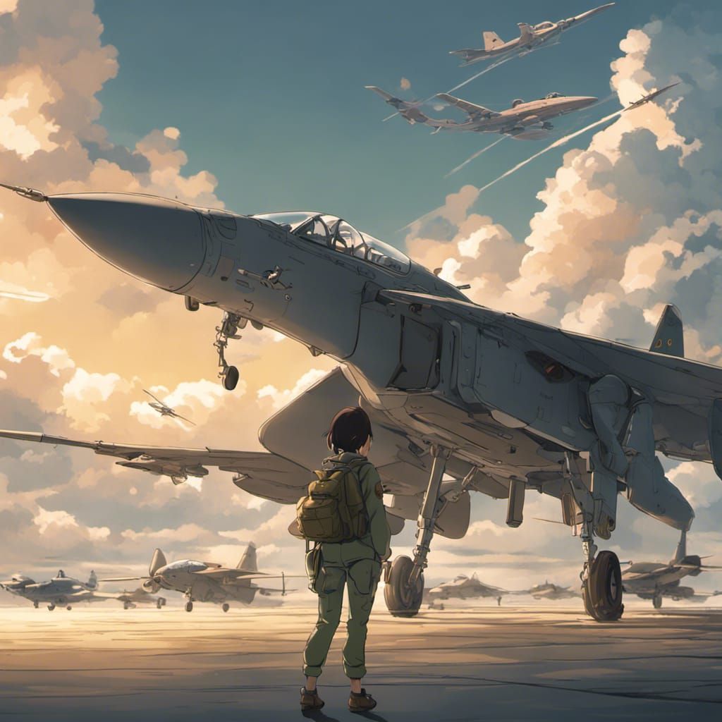 Female Soldier Gazing at Fighter Planes in Anime Style