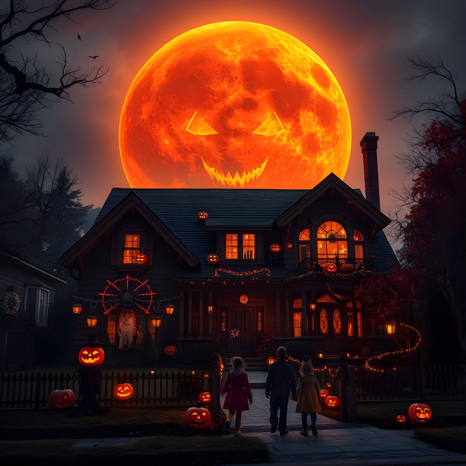 Halloween Night: Giant Moon Over Suburbia