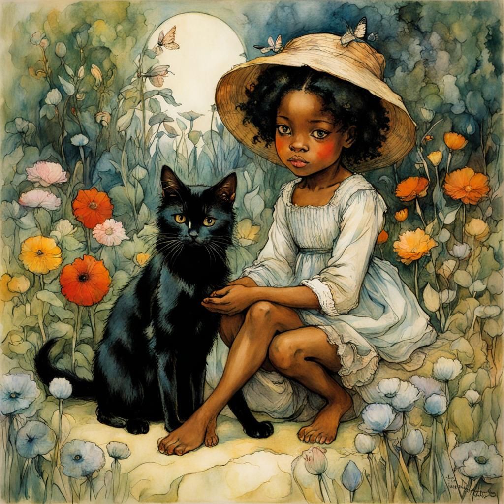 Girl and Cat in Whimsical Garden Illustration