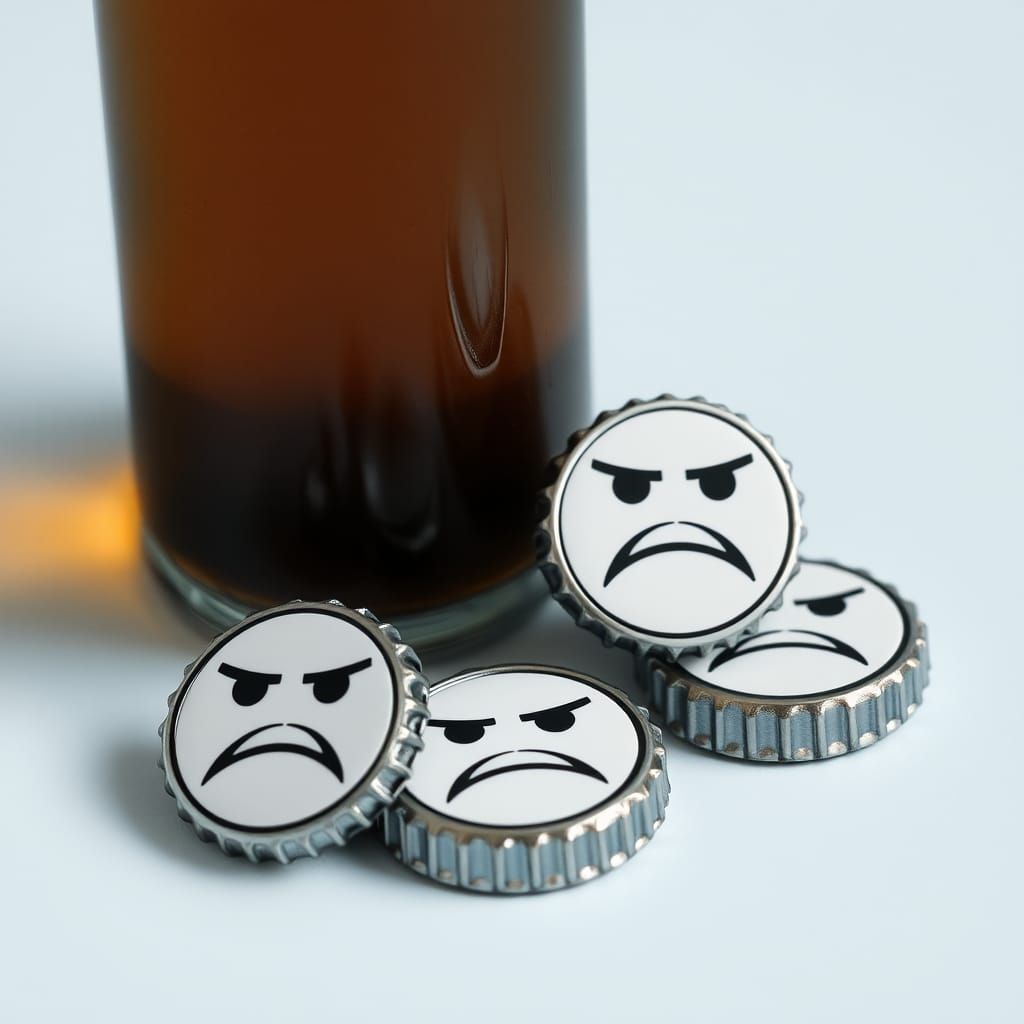 Frowning Bottlecaps Beside Soda Bottle