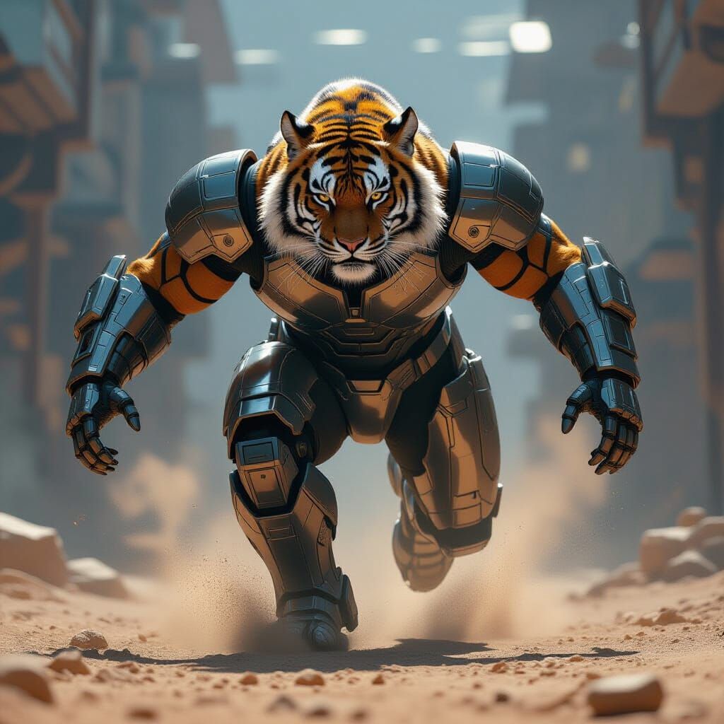Armored Tiger Leaps: Sci-Fi Cinematic Scene