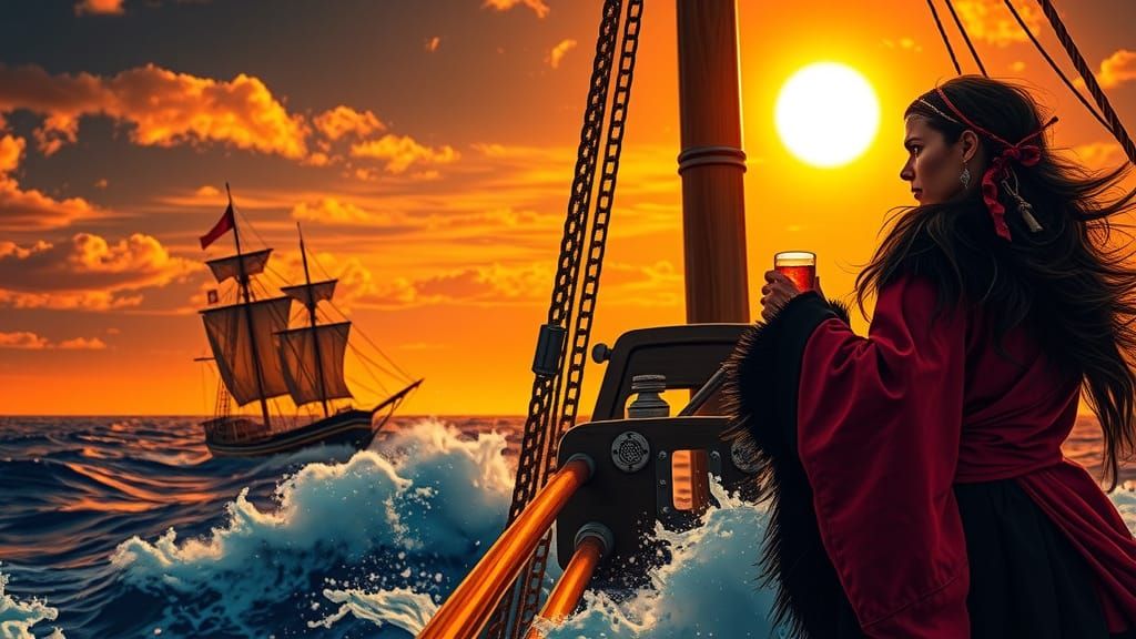 Pirate Captain Maverick Blackwood Stands at Sunset on the Hi...