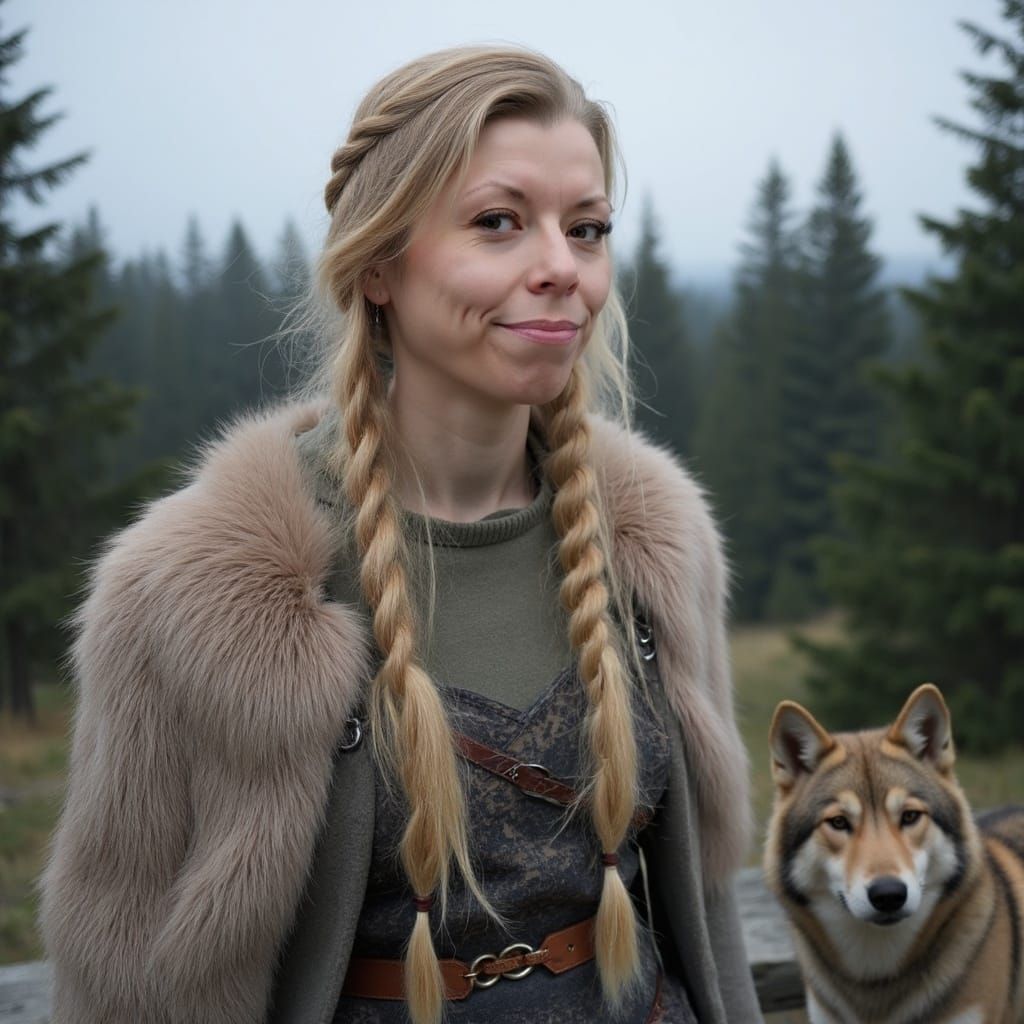 Viking Woman Portrait with Wolf in Nordic Forest