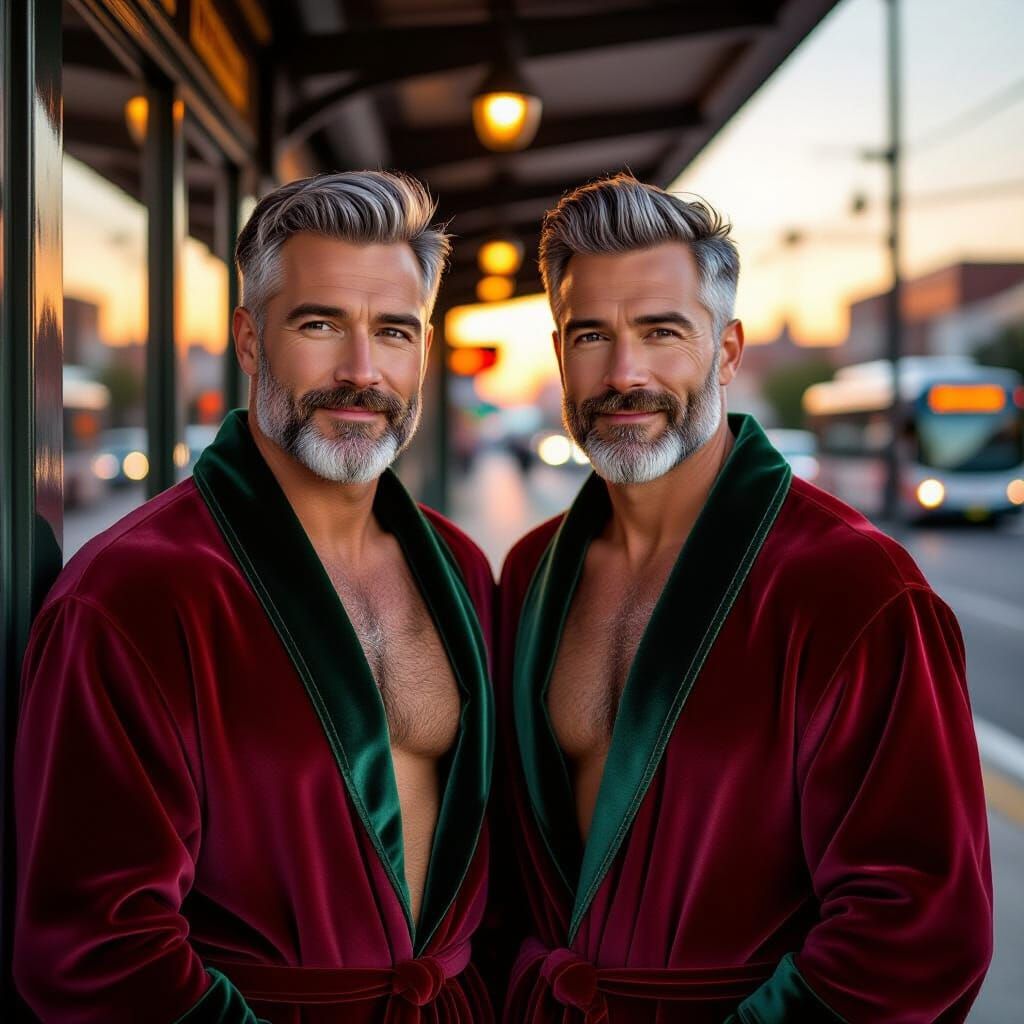 Smiling Daddies in Carmine Red Robes at Bus Station