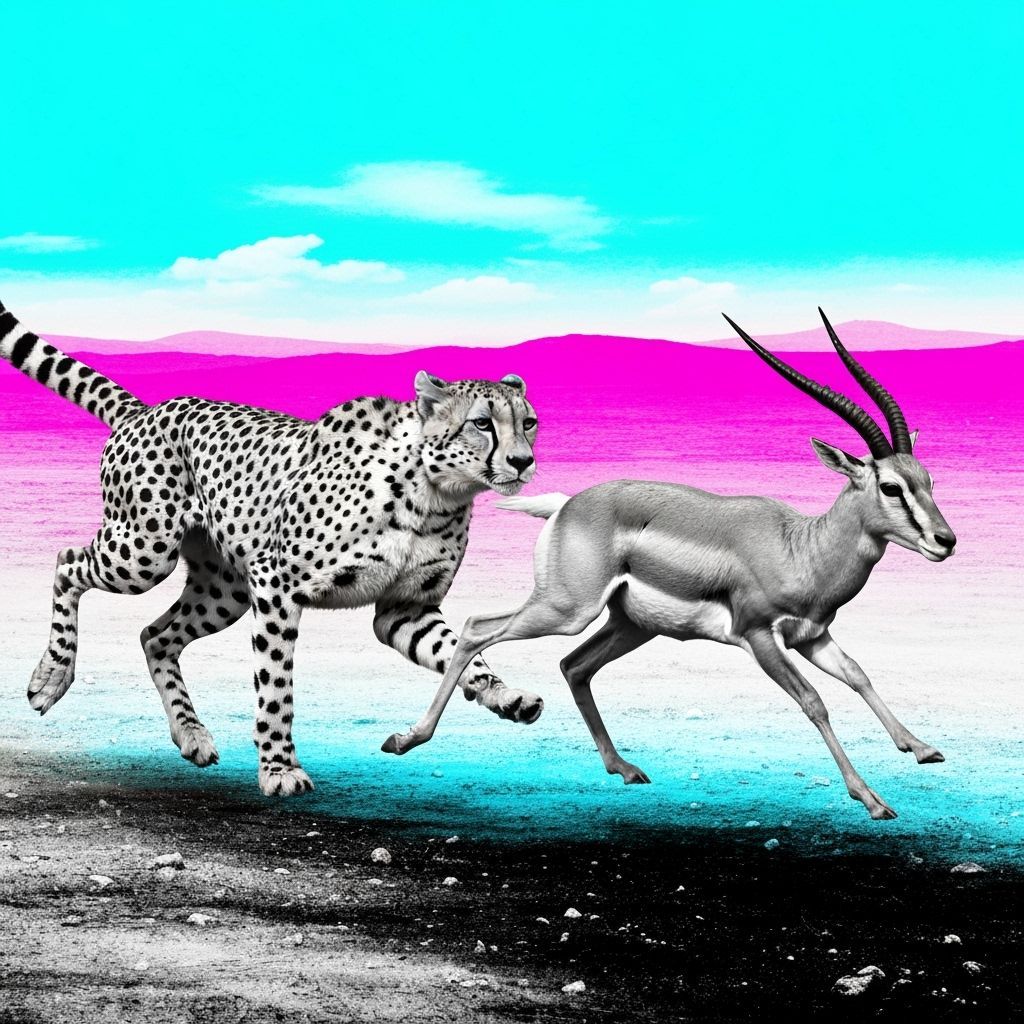 Cheetah and Gazelle in Dreamlike Pursuit, Cyan Magenta Hues