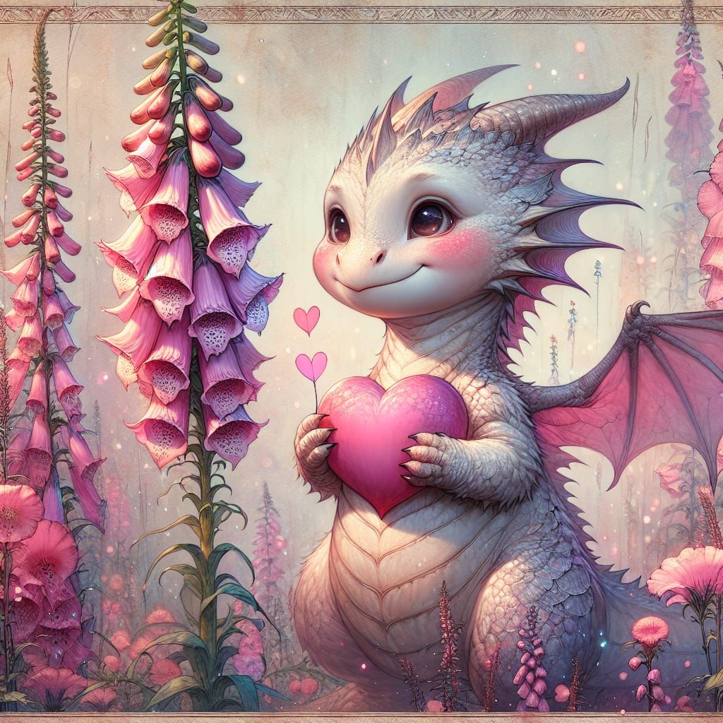 Baby Dragon with Heart, Pastel Watercolor Sketch