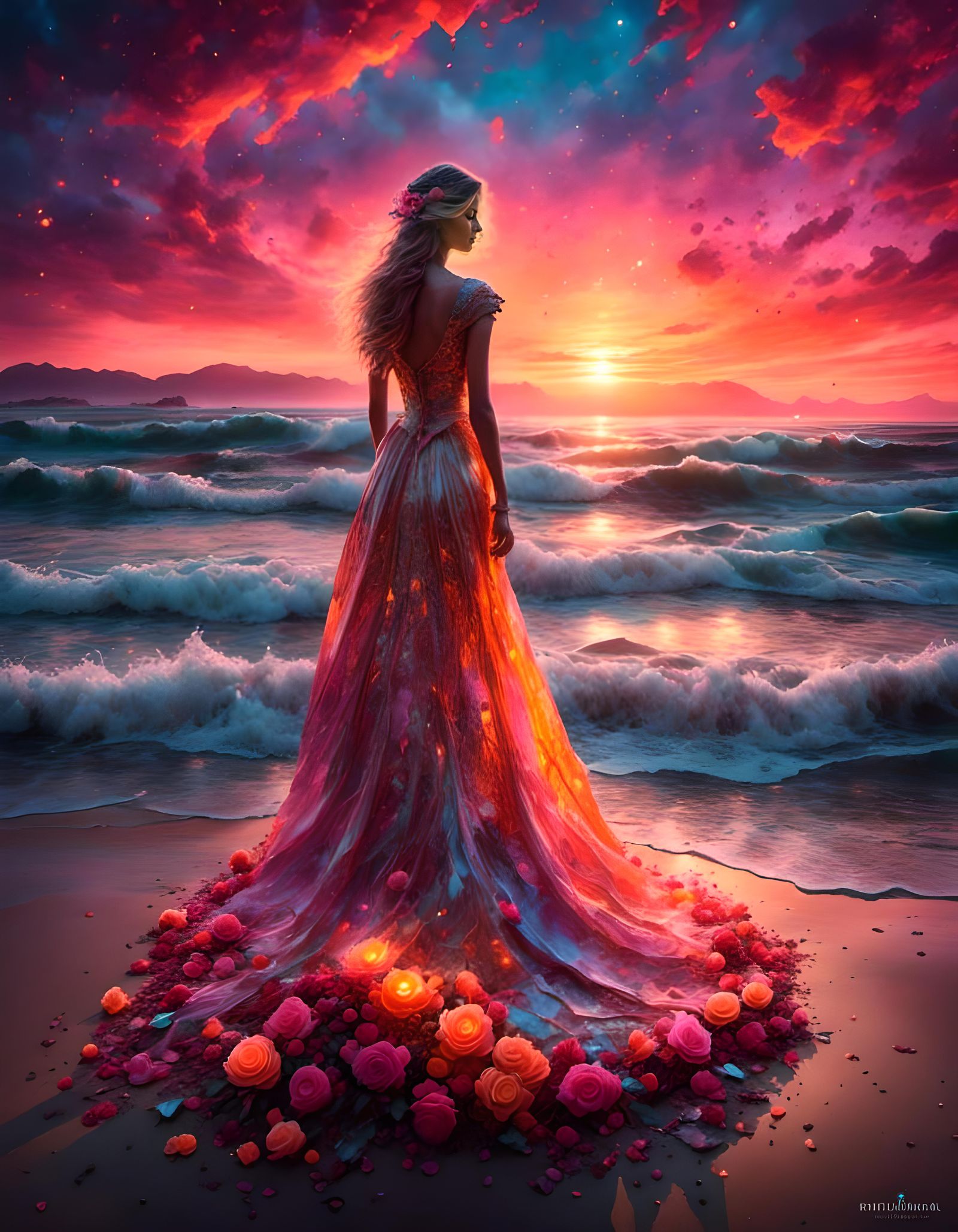 Watercolor Sunset Scene with Woman on Beach