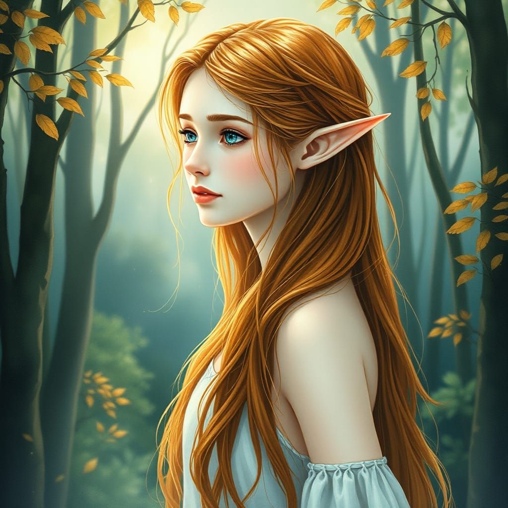 Serene Elf Maiden in Whimsical Watercolor