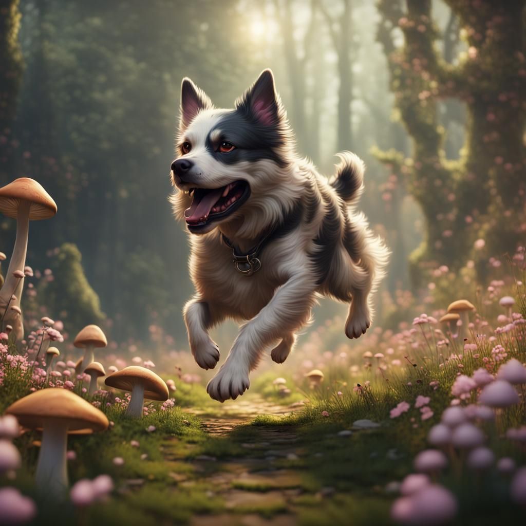 Dog Running in Spring Flowers: 3D Digital Painting