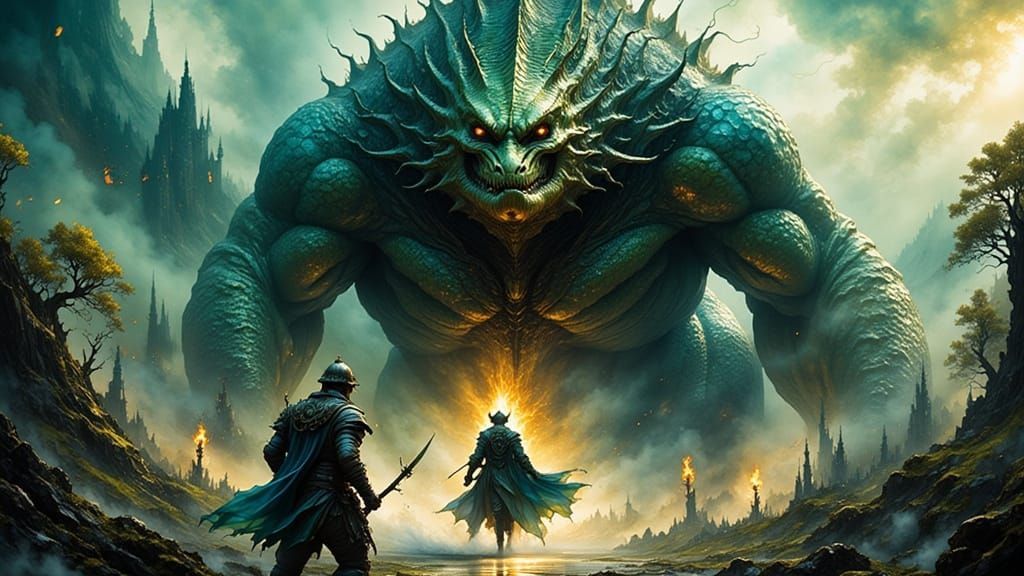 Warrior vs Reptile Monster in Ink Flux Style