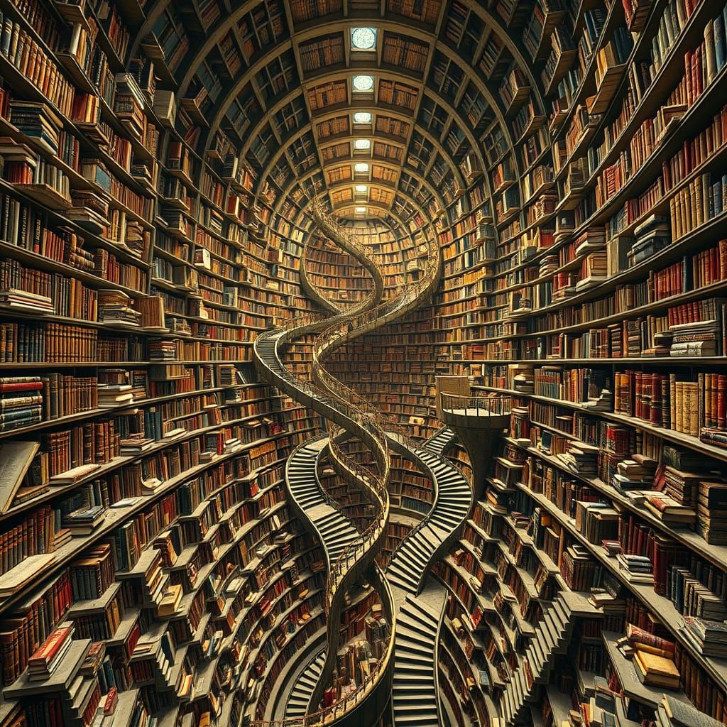 Majestic Escher-Inspired Library of Infinite Knowledge