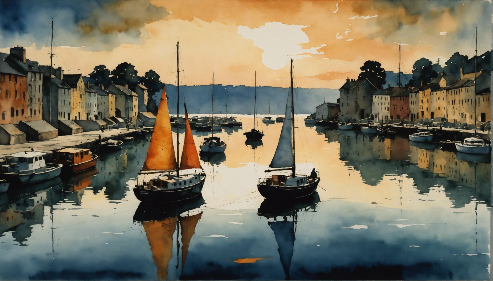 Sailboat at Sunrise in Sumi-e Style