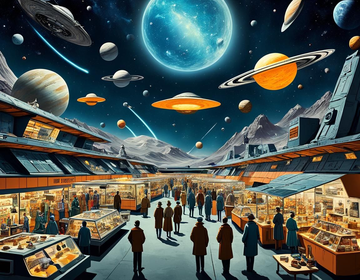 Interstellar Marketplace in Retro Sci-Fi Style