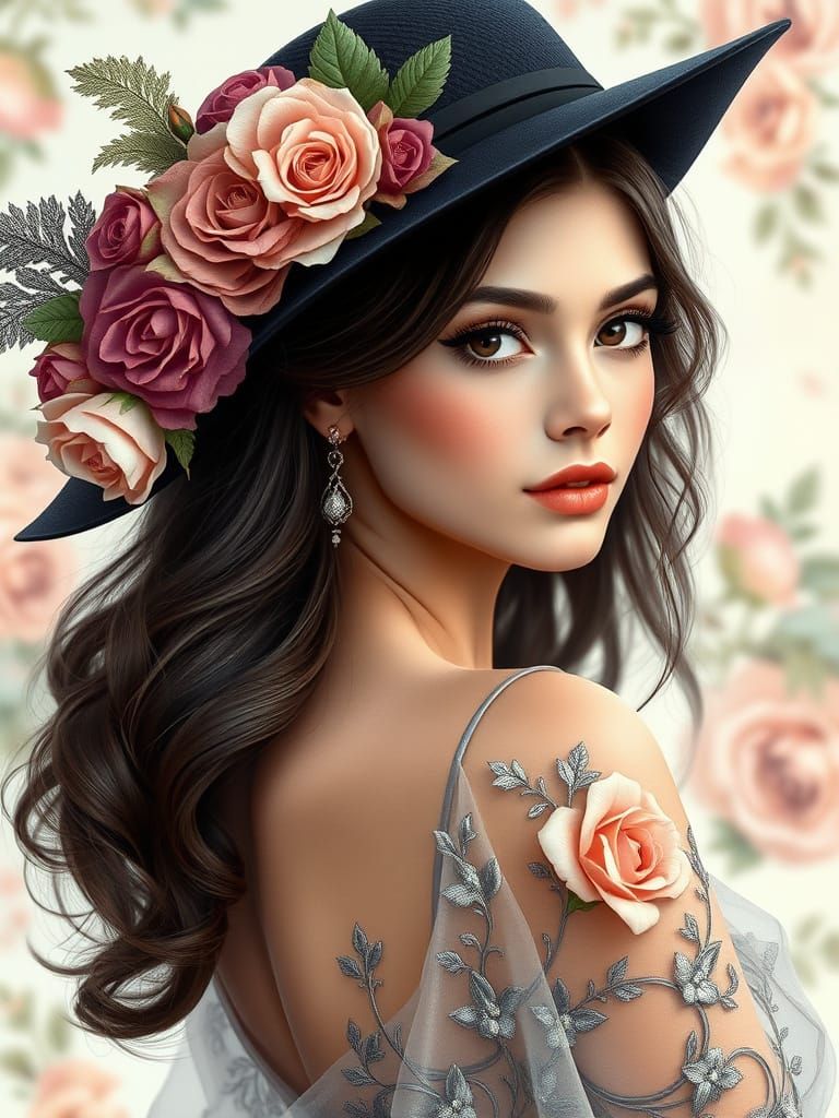 Renaissance Woman Portrait with Floral Gown and Black Hat