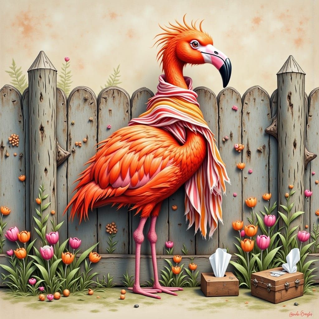 Flumango, noun, flu·man·go, a mango colored flamingo with the flu