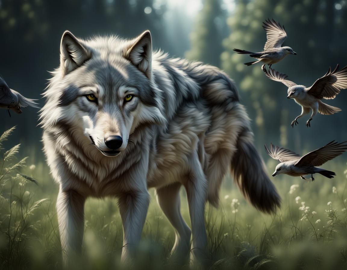 Gray Wolf in Summer Field: Detailed Matte Painting