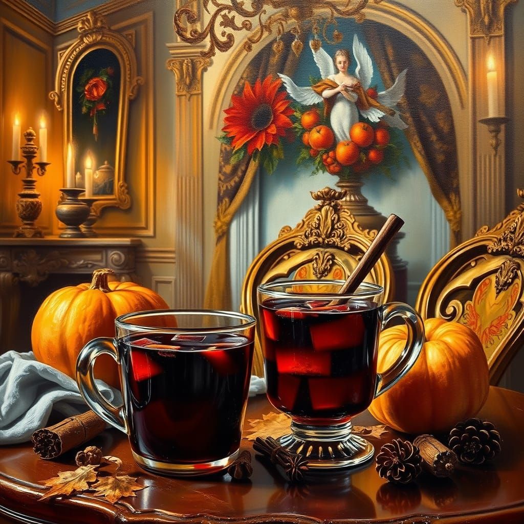 Mulled Wine Still Life Oil Painting in Rococo Dining Room