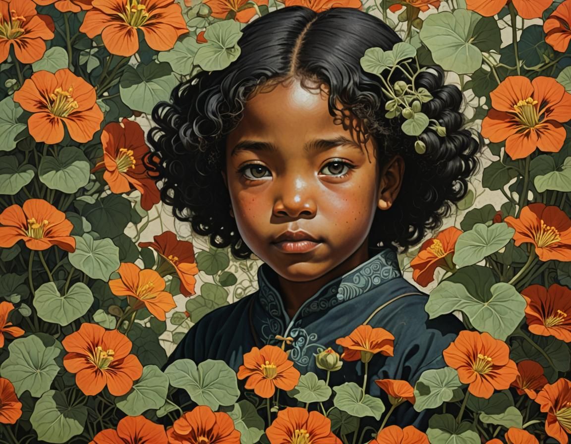 Black Child Surrounded by Nasturtiums: Ukiyo-e Style