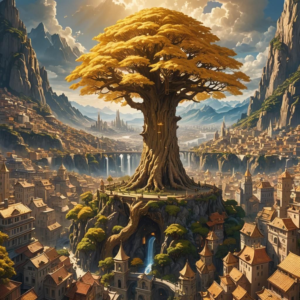 Radiant Golden Tree Over Fantasy City