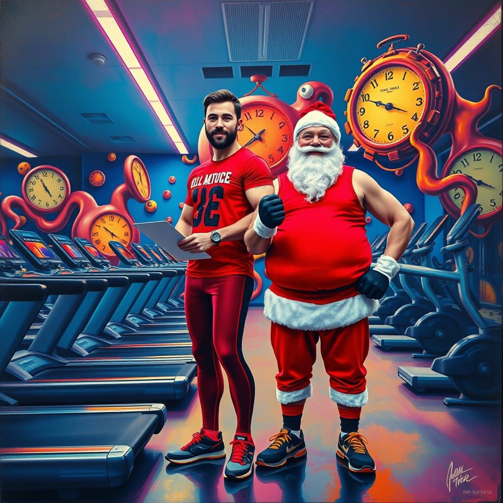Neon-Glit Fitness Scene with Santa Claus