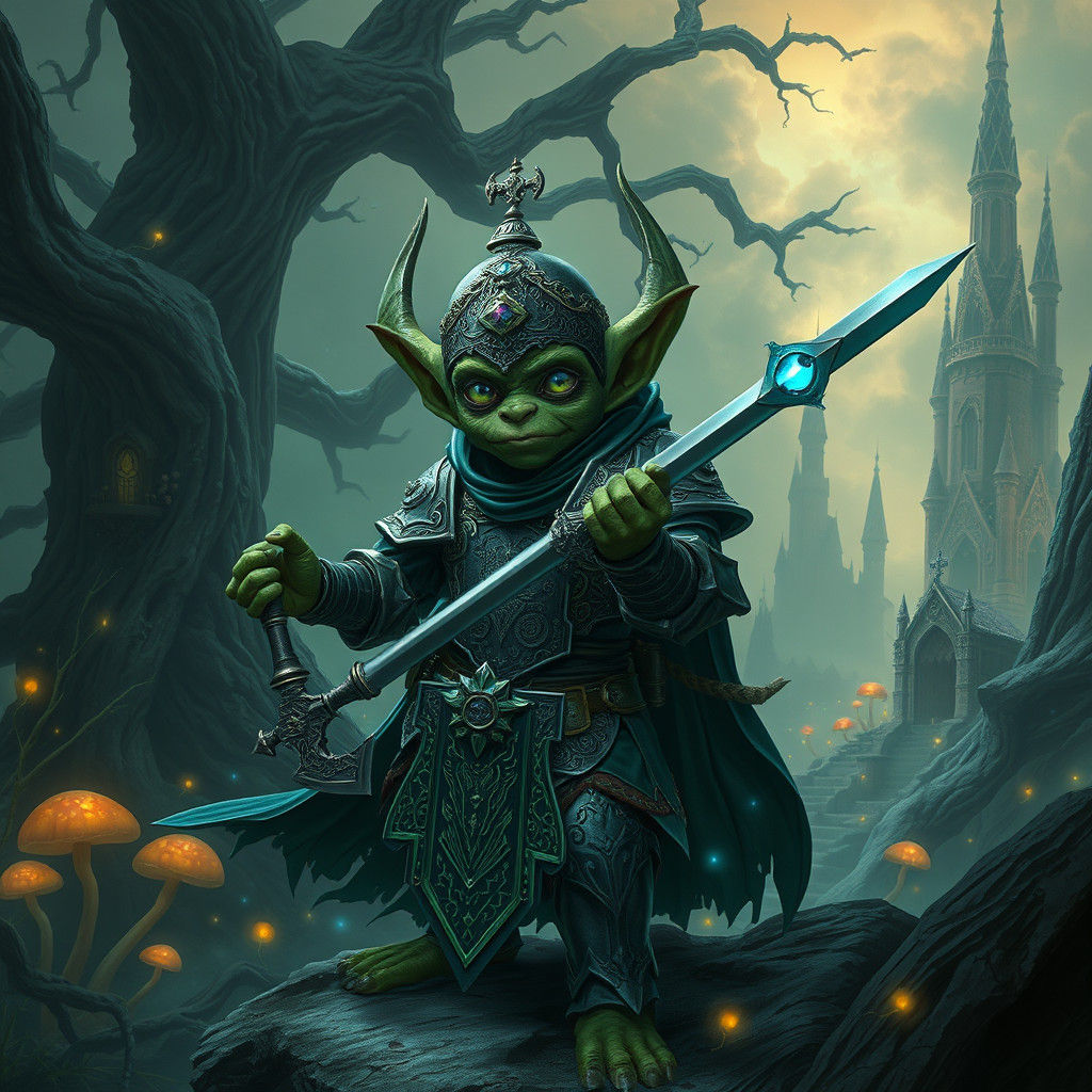 Armored Goblin Paladin with Rapier in Fantasy Landscape