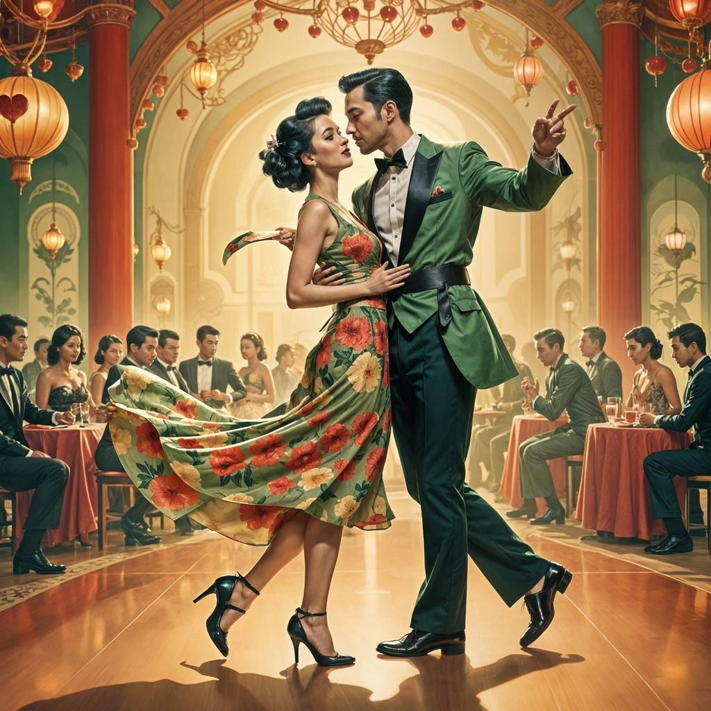 Asian Couple in Vintage Ballroom Dance on Valentine's Day