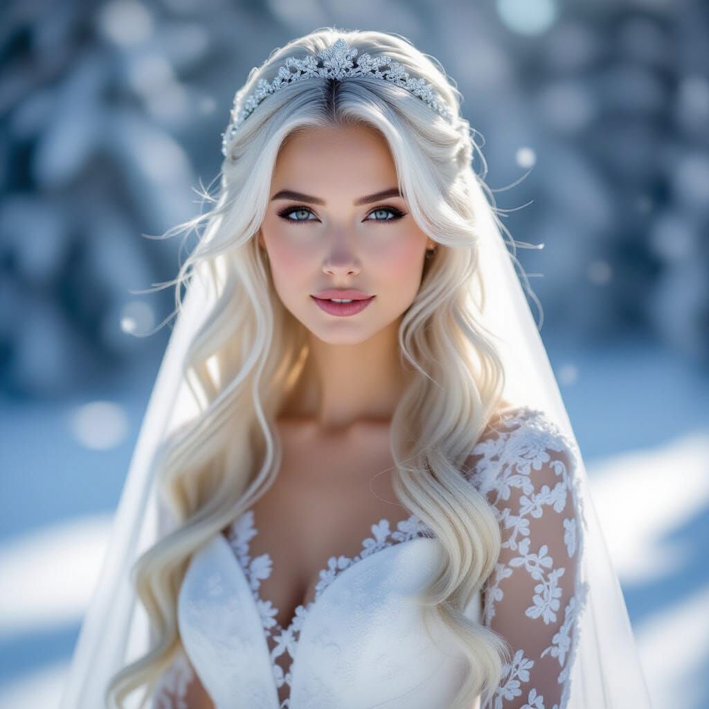Ethereal Winter Bride in White Silk Hair