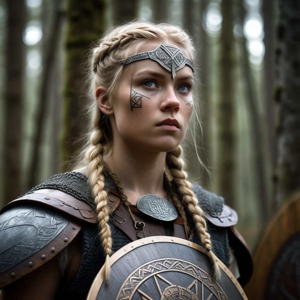 Norse Shield Maiden Portrait in Moody Forest