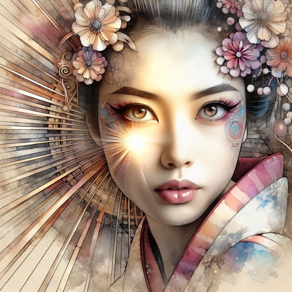 Captivating Geisha Portrait in Watercolor