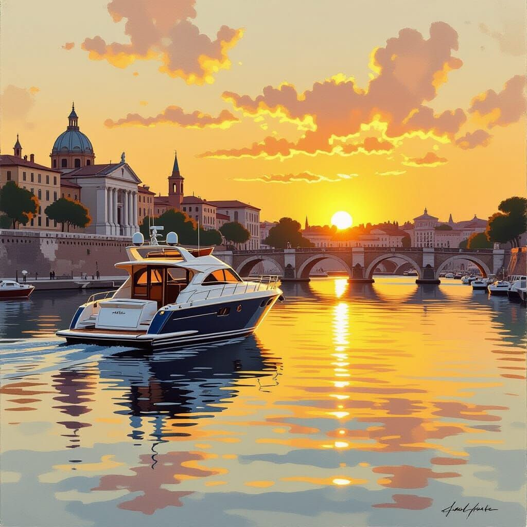 Luxury Yacht at Sunrise in Rome as Aquarelle Art