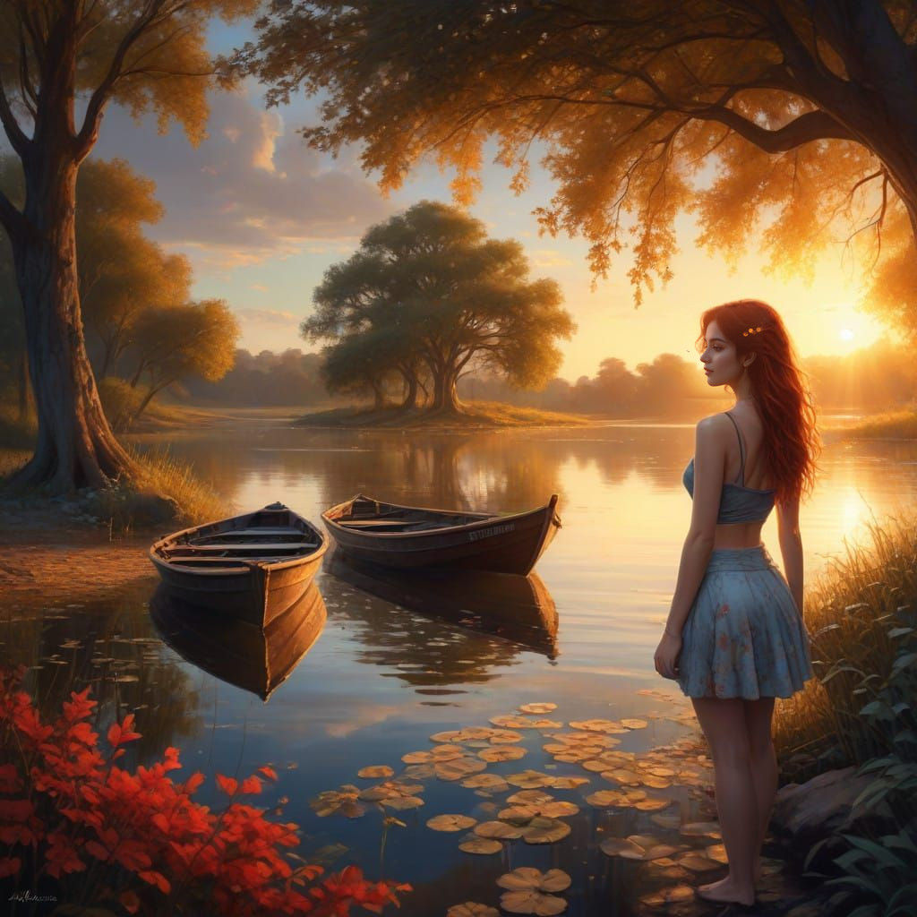 Idyllic Sunset Scene with a Young Woman
