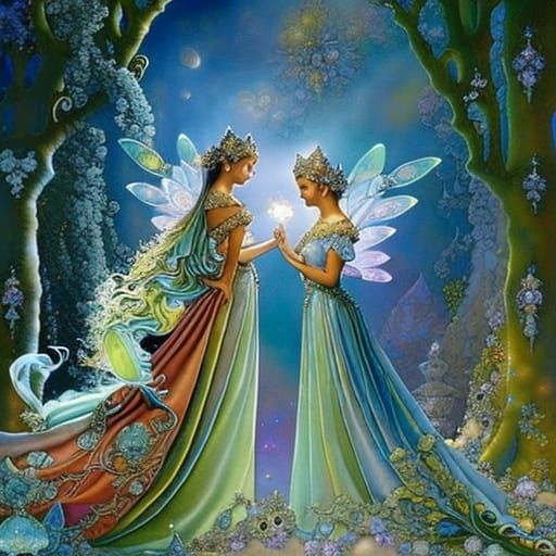 Moon Fairies Embrace in Rococo Storybook Illustration