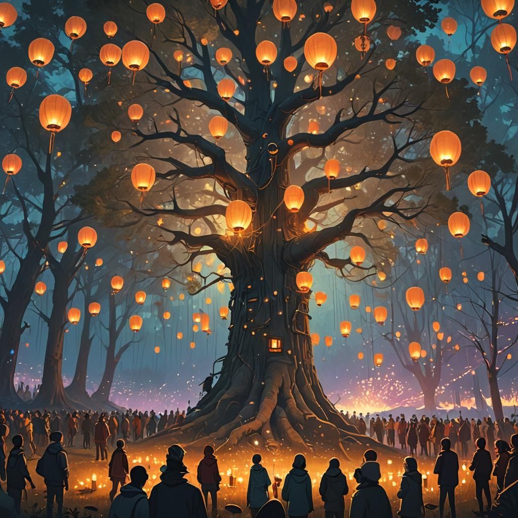 Mystical Forest Celebration with Glowing Tree