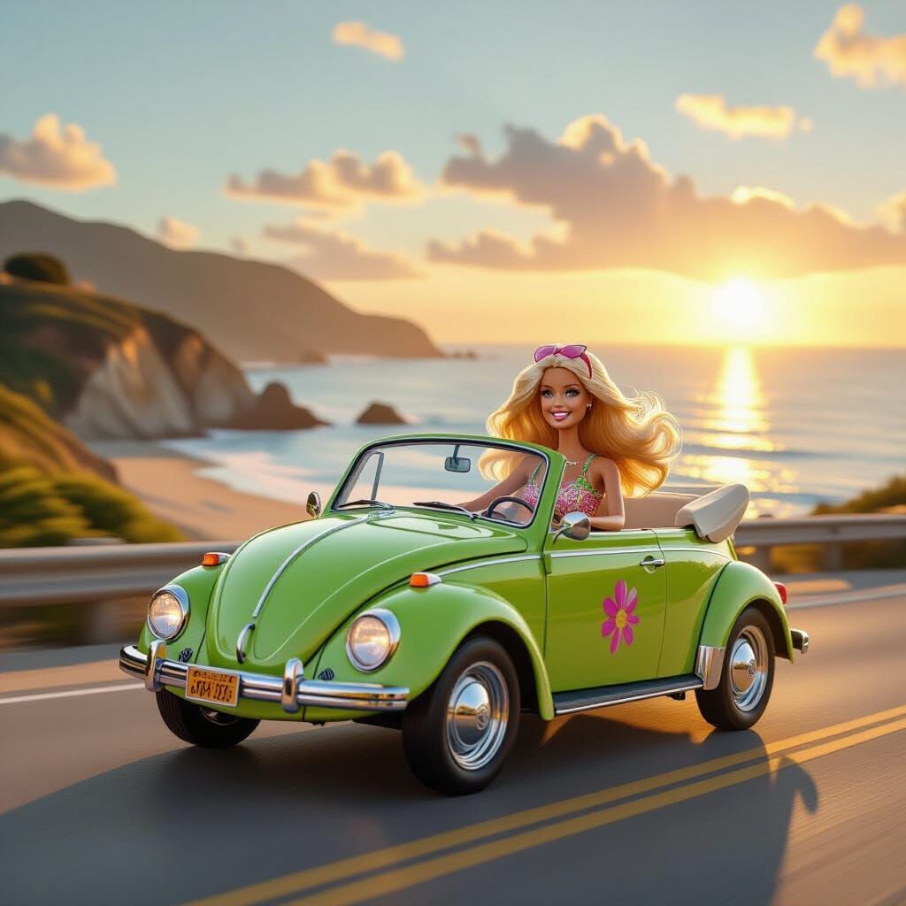 Barbie Drives Convertible Beetle on PCH at Sunset