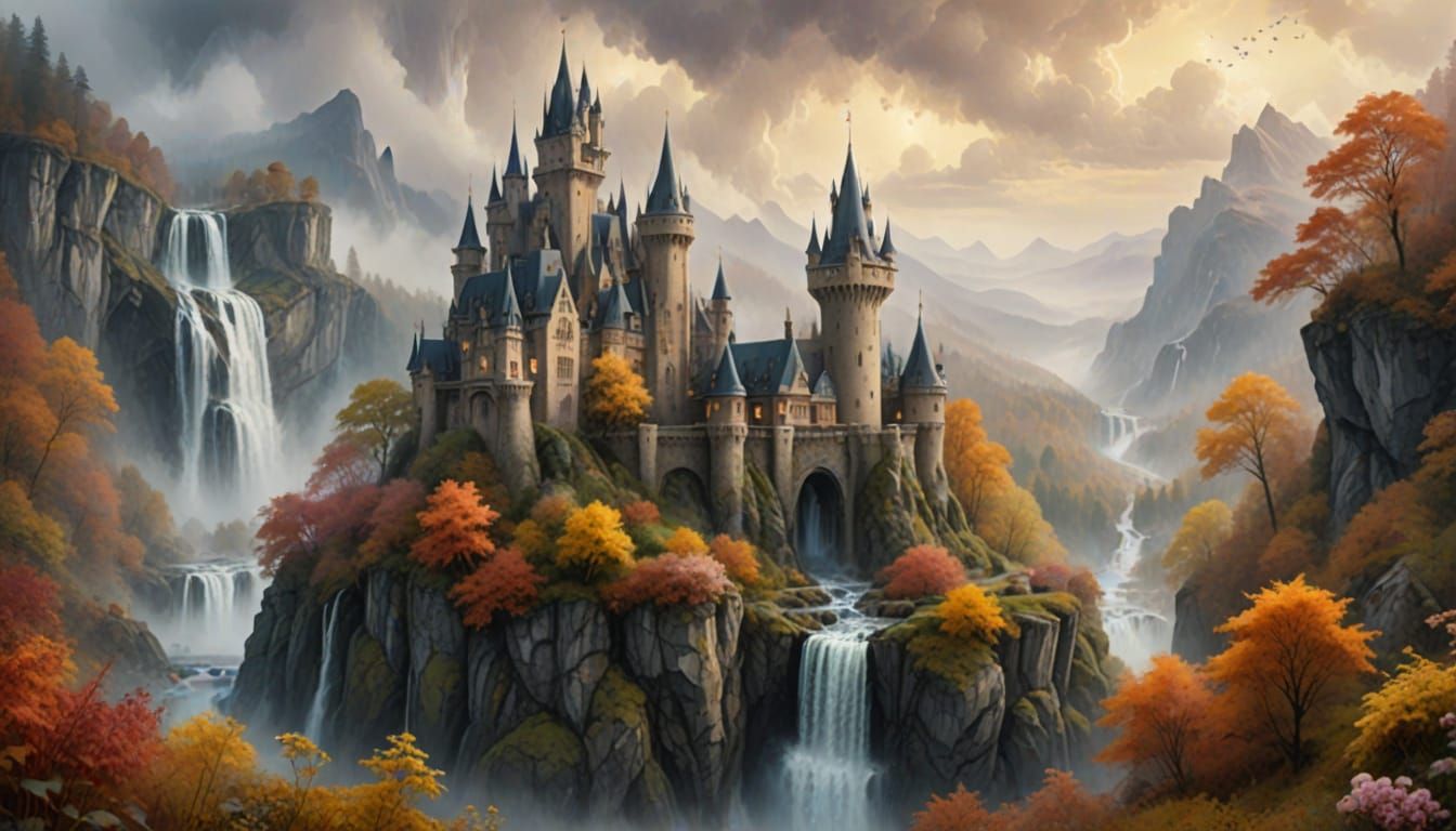 Ethereal Castle Amidst Waterfalls and Autumn Fog