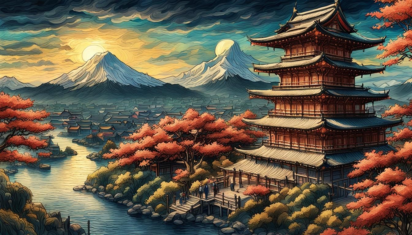 Ancient Japan in Van Gogh Style Color Pencil