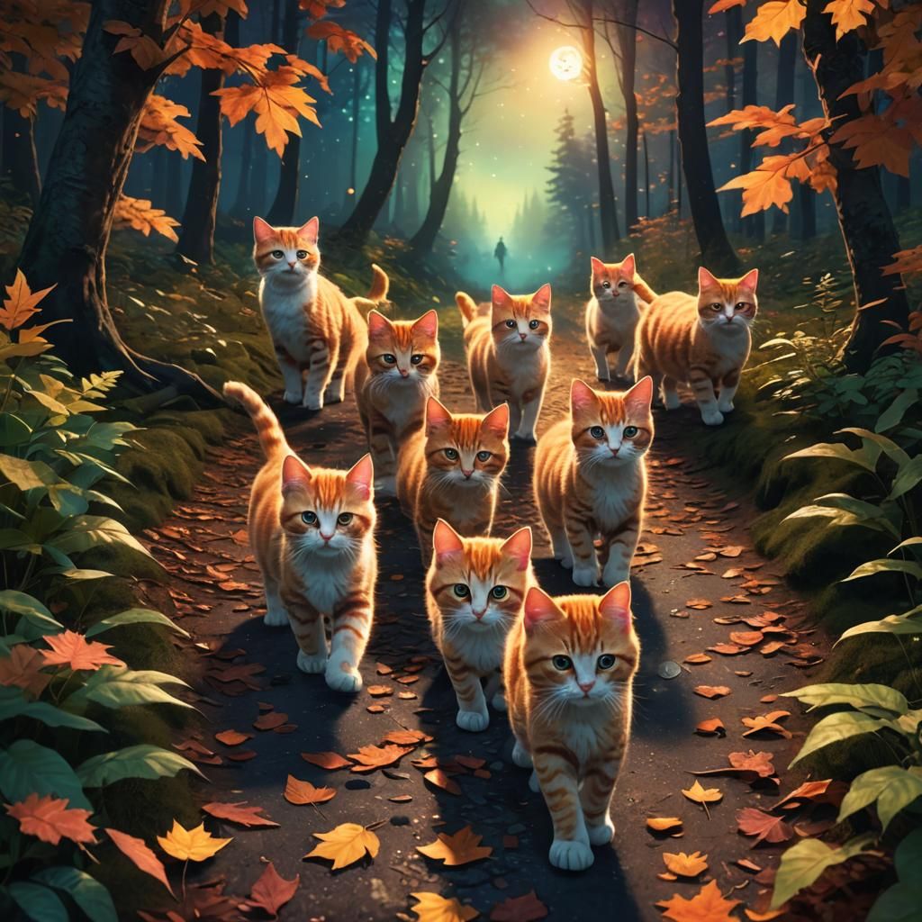 Kittens and Cat Under Aurora Borealis, Fantasy Art