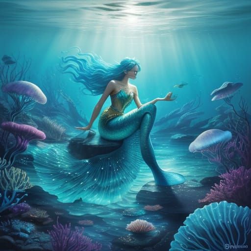 Dreamy Fantasy Art of a Mermaid in a Magical Oceanic Scene
