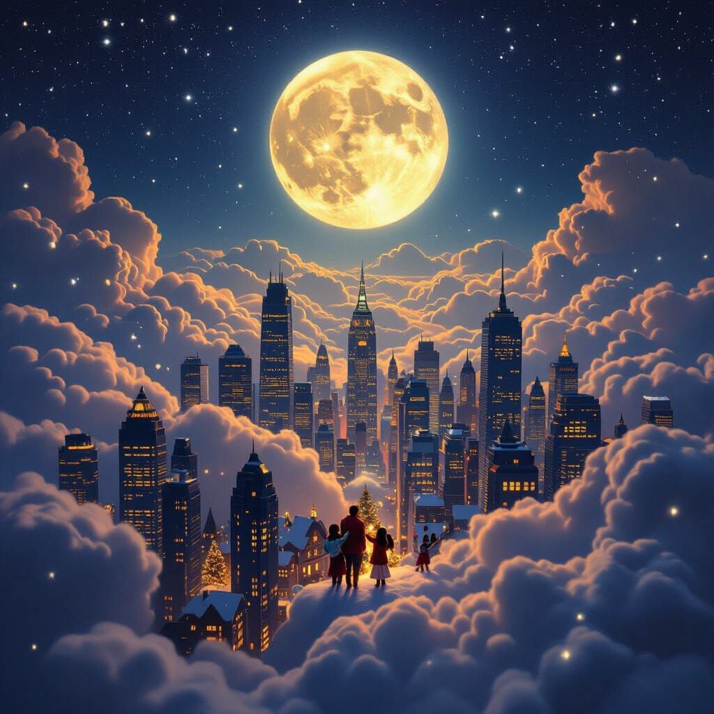 Christmas Cityscape Under Full Moon, Families Decorating