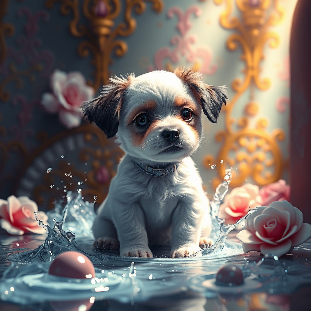 Whimsical Puppy Coco Chanel in Dreamlike Luxury Environment