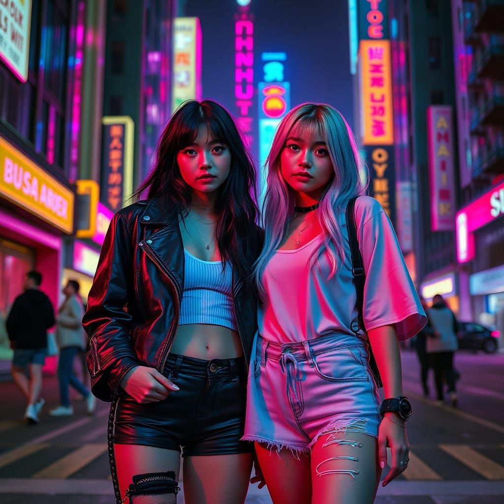 Trendy Friends in Neon Cityscape, Futuristic Style