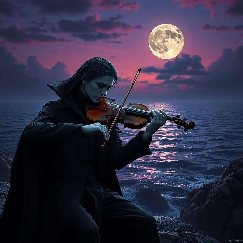 Vampire Violinist Under Moonlight: Fantasy Art