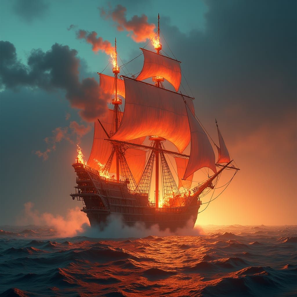 Fiery Pirate Ship Sailing Through Dark Seas