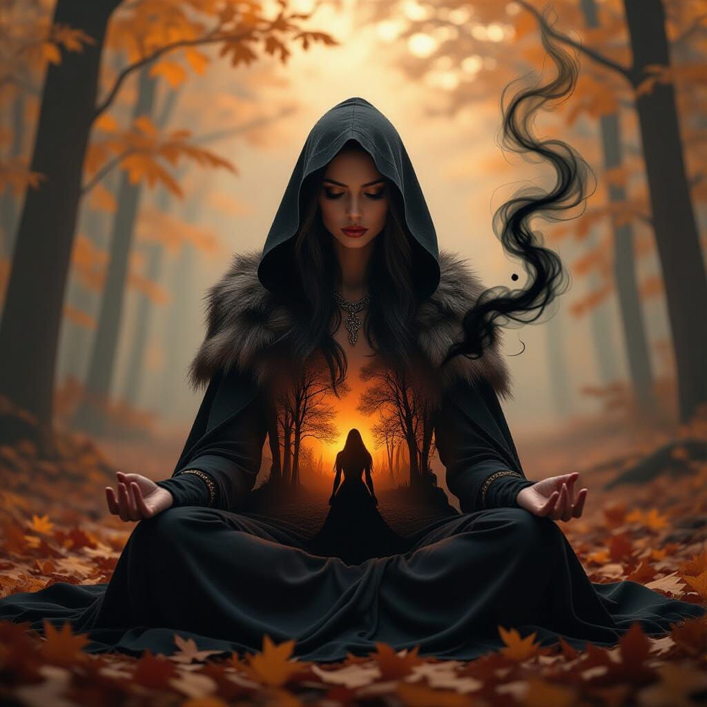 Necromancer in Autumn Forest Double Exposure