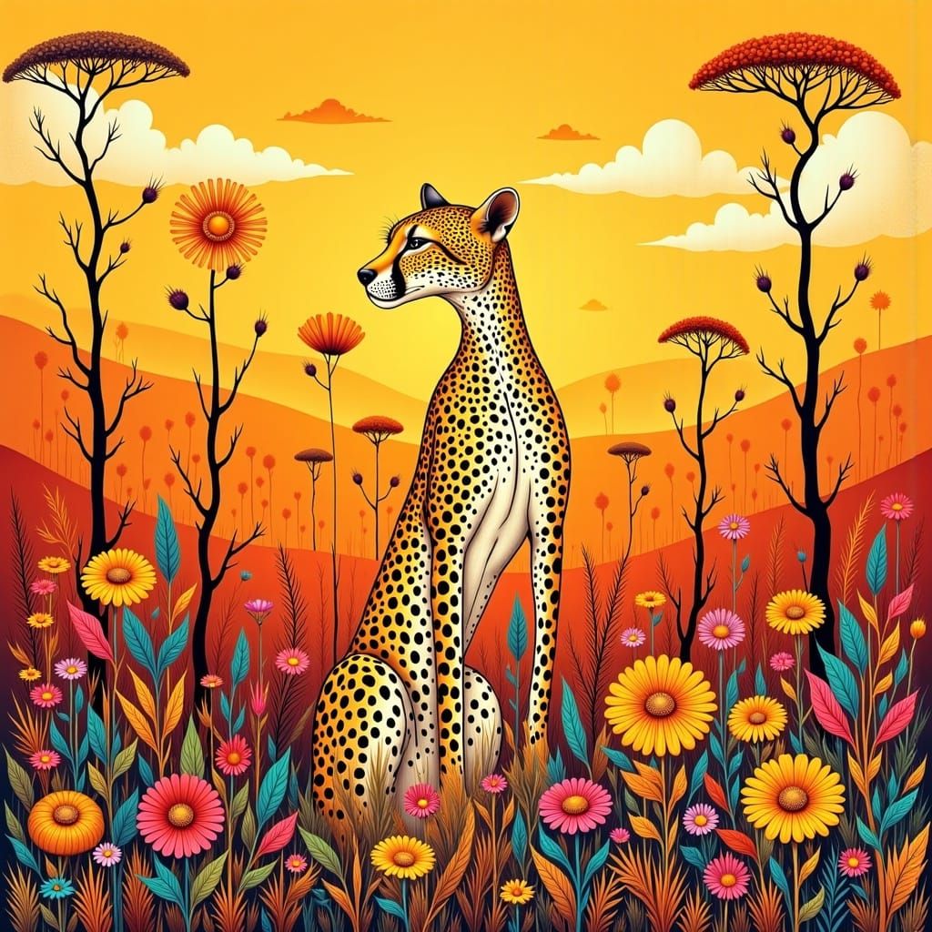 Colorful Cheetah with Flower, Folk-Art Style