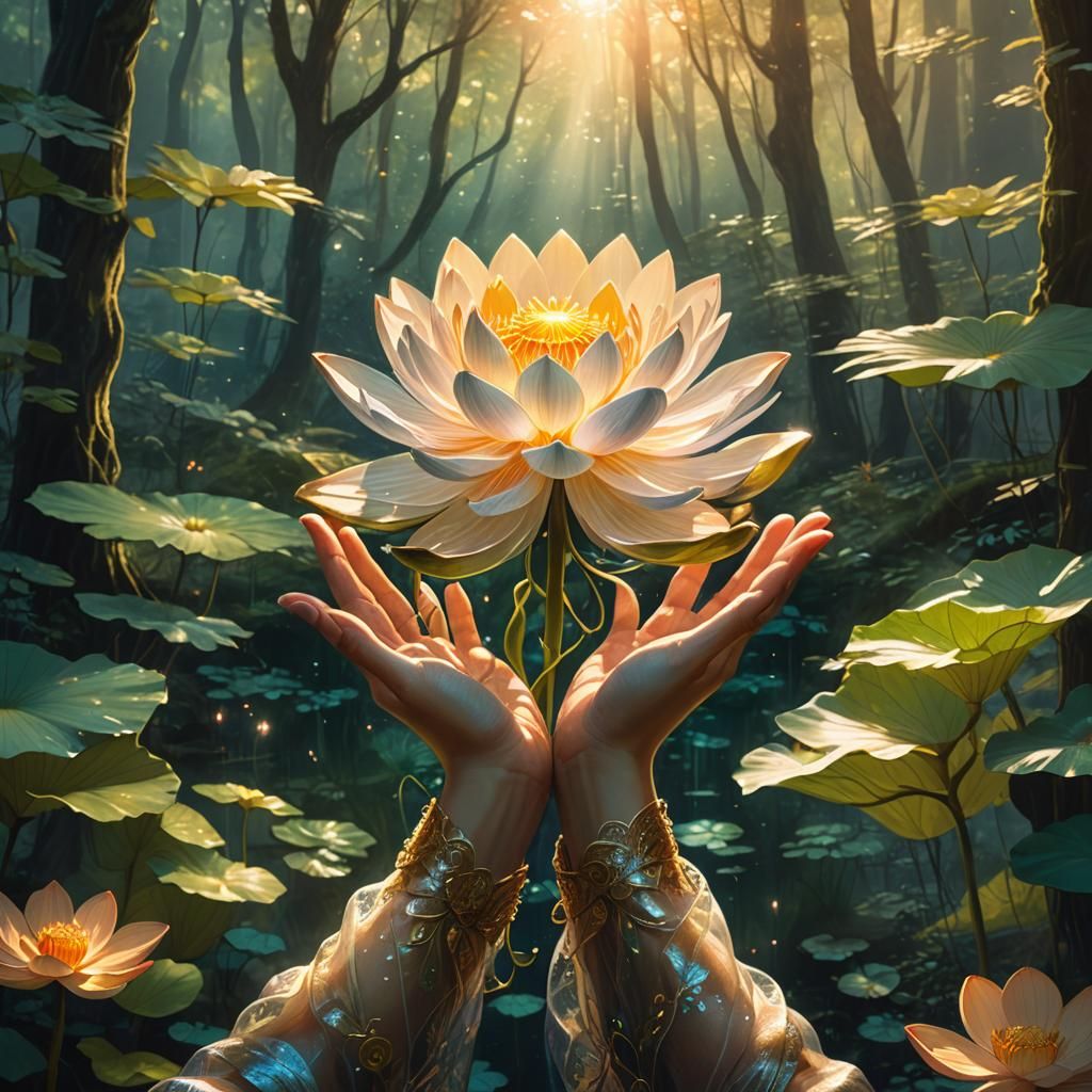 Glowing Lotus Flower in Mystical Forest