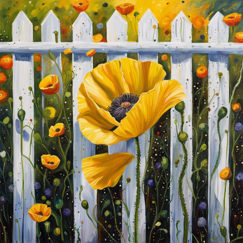 Vibrant Yellow Poppy Through White Fence, Hyperrealistic Pai...