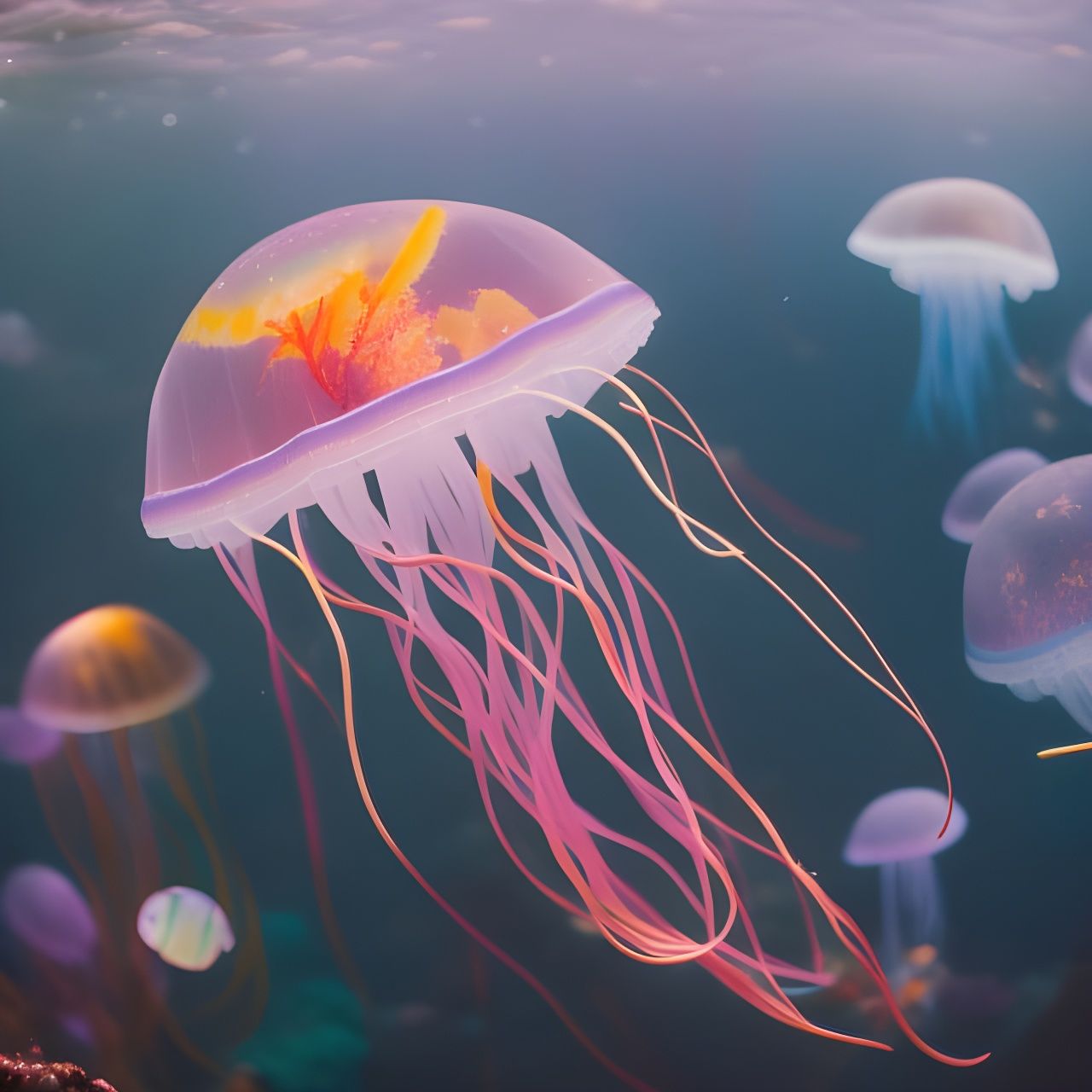 Glowing Jellyfish in Colorful Underwater World